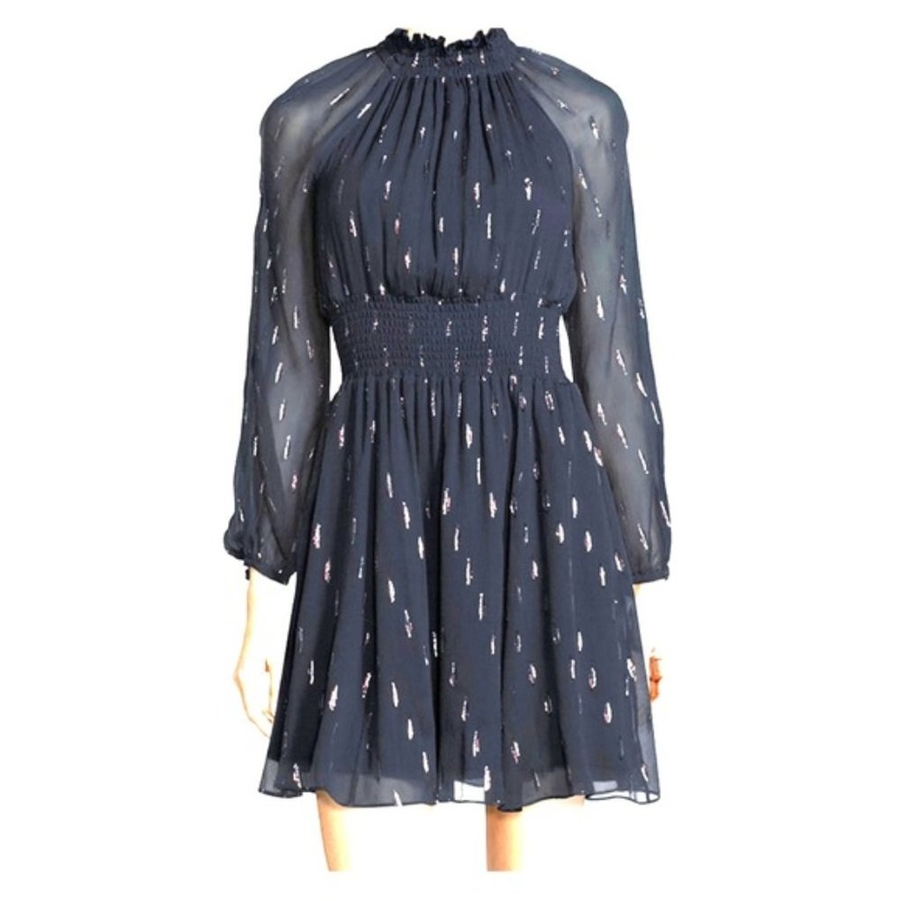Rebecca Taylor LONG SLEEVE METALLIC CLIP DRESS Navy Sz 0